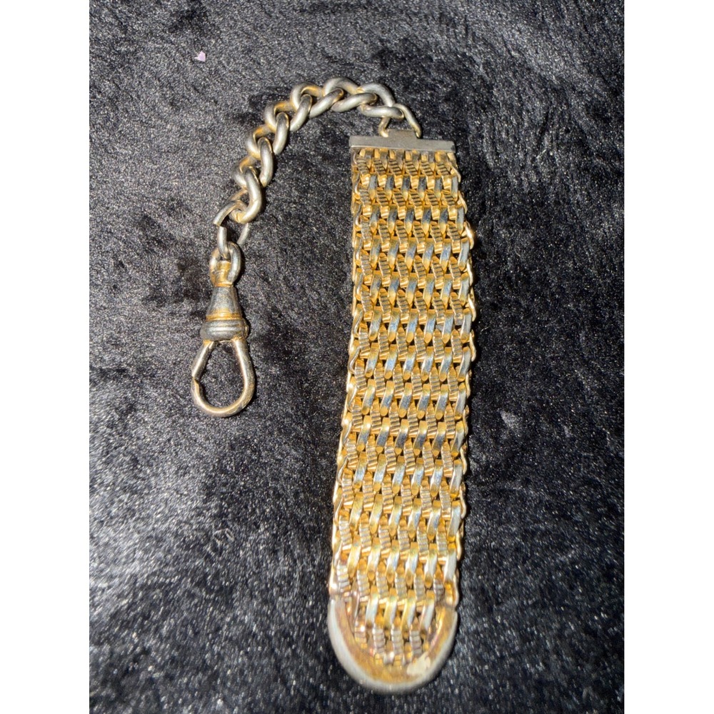Vintage Two Tone Mesh Pocket Watch Fob Chain Mixed Metal Swivel Dog Clip